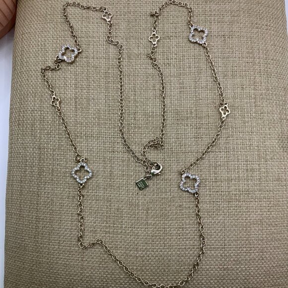 Banana Republic Rhinestone Clover Gold Tone Chain Necklace - Picture 2 of 7